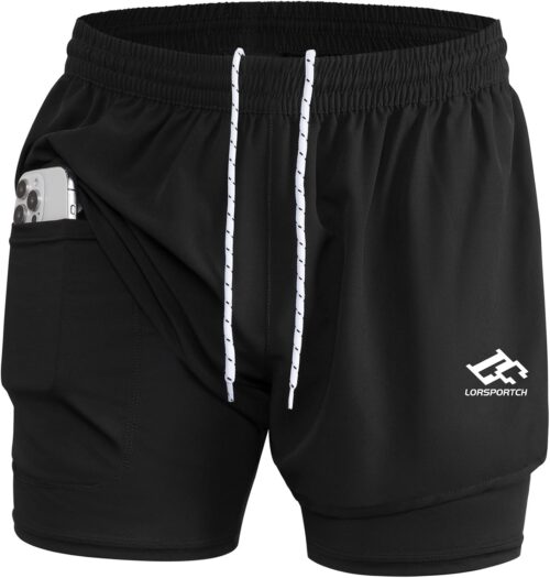 Pantalón corto running 2 en 1 LORSPORTCH negro con malla interior y toallero de anilla